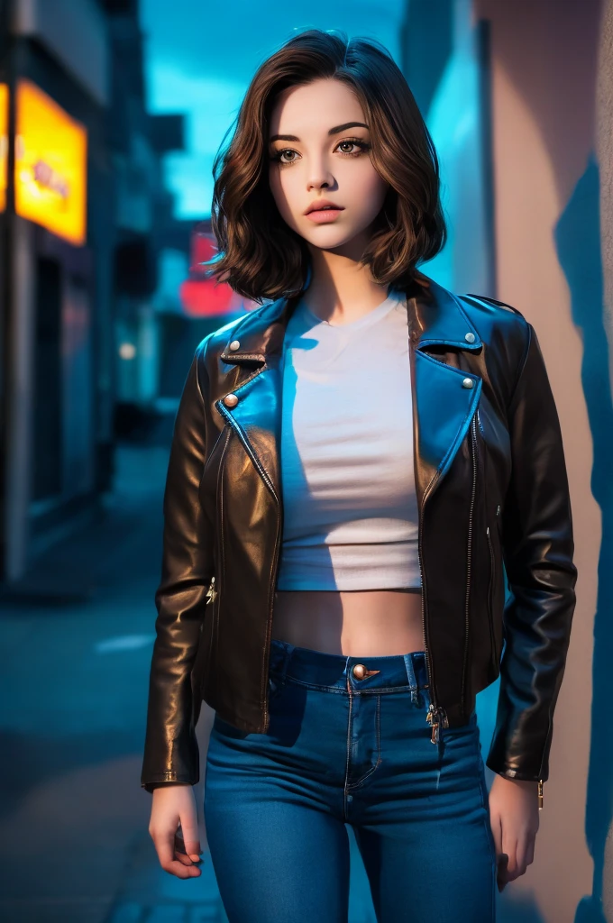 Portrait of natlp as a beautiful female model, georgia fowler, beautiful face, with short dark brown hair, in cyberpunk city at night. She is wearing a leather jacket, black jeans, dramatic lighting, (police badge:1.2)