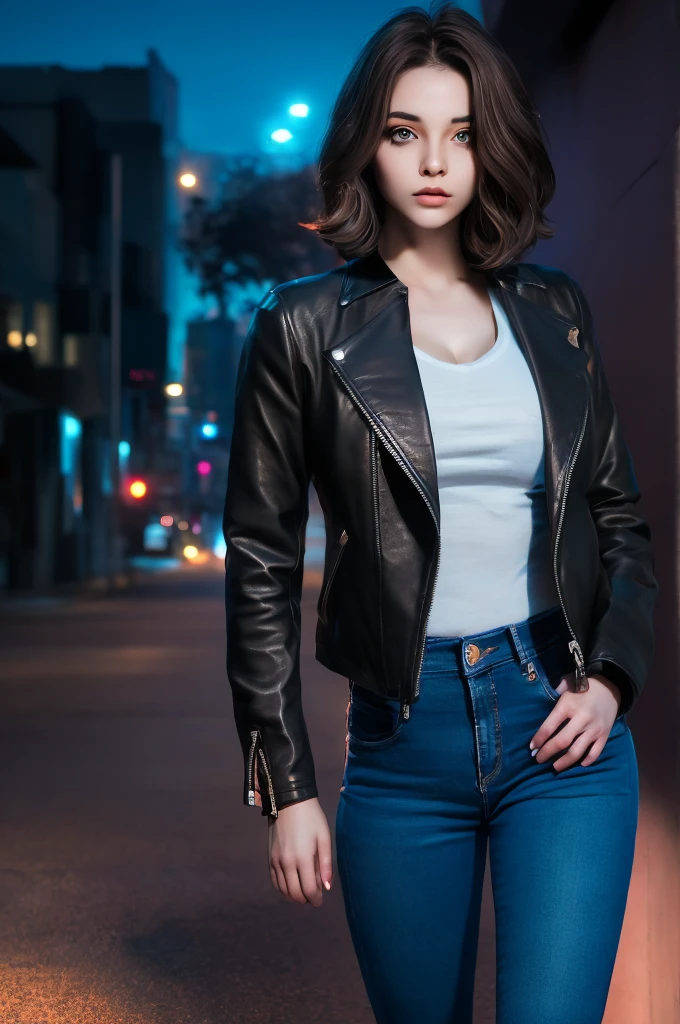 Portrait of natlp as a beautiful female model, georgia fowler, beautiful face, with short dark brown hair, in cyberpunk city at night. She is wearing a leather jacket, black jeans, dramatic lighting, (police badge:1.2)