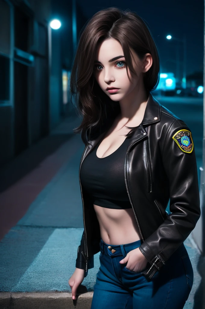 Portrait of natlp as a beautiful female model, georgia fowler, beautiful face, with short dark brown hair, in cyberpunk city at night. She is wearing a leather jacket, black jeans, dramatic lighting, (police badge:1.2)