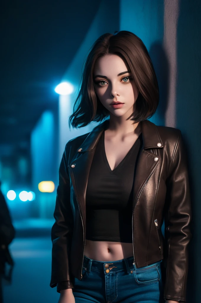Portrait of natlp as a beautiful female model, georgia fowler, beautiful face, with short dark brown hair, in cyberpunk city at night. She is wearing a leather jacket, black jeans, dramatic lighting, (police badge:1.2)