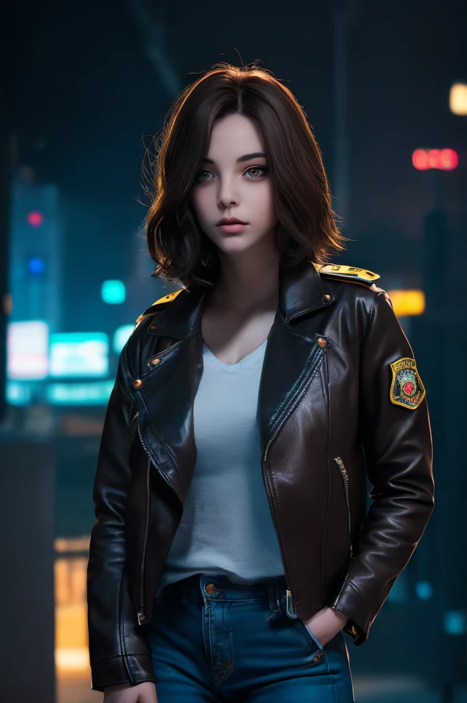 Portrait of natlp as a beautiful female model, georgia fowler, beautiful face, with short dark brown hair, in cyberpunk city at night. She is wearing a leather jacket, black jeans, dramatic lighting, (police badge:1.2)