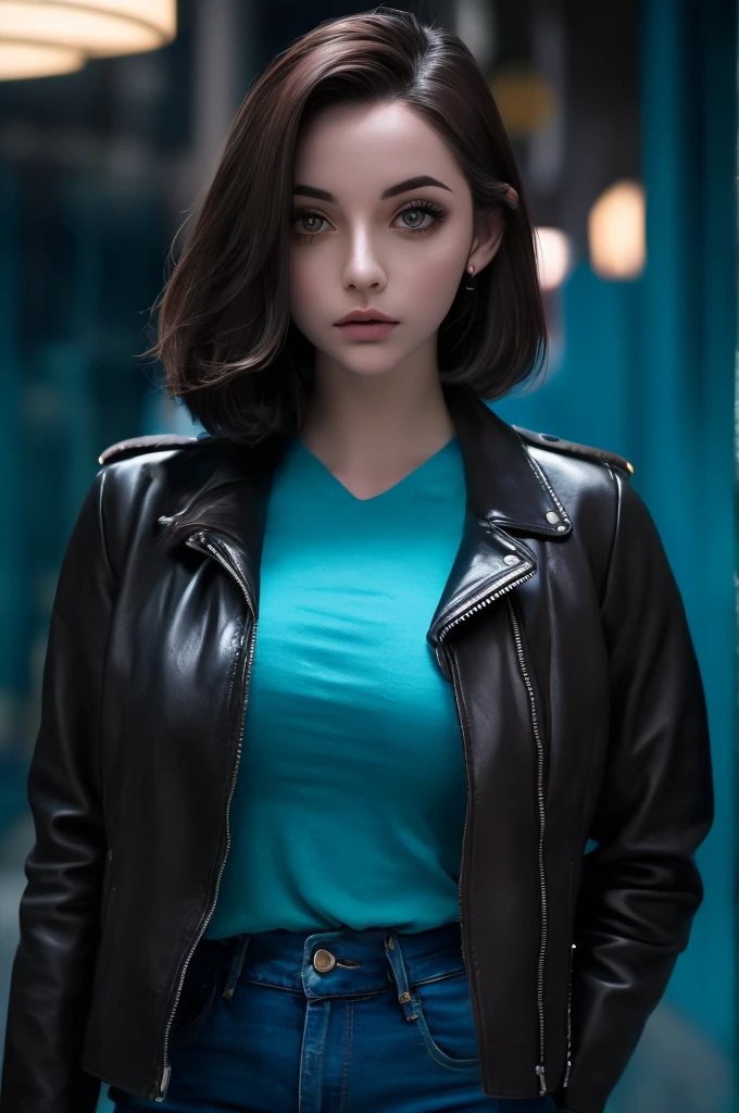 Portrait of natlp as a beautiful female model, georgia fowler, beautiful face, with short dark brown hair, in cyberpunk city at night. She is wearing a leather jacket, black jeans, dramatic lighting, (police badge:1.2)