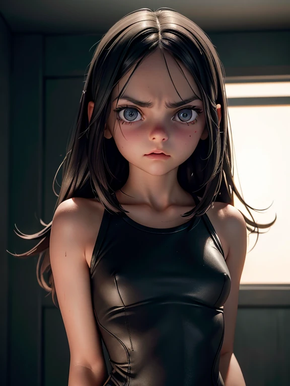 Dafne Keen as X-23, slim athletic body, Ultrarealistic, beautiful face, young face, beautiful eyes, beautiful lips, flat chested; cinematic lighting, dark mood, soft light on Dafne Keen; "Laura battles with her inner demons, struggling to control her rage and come to terms with her identity as a weapon."