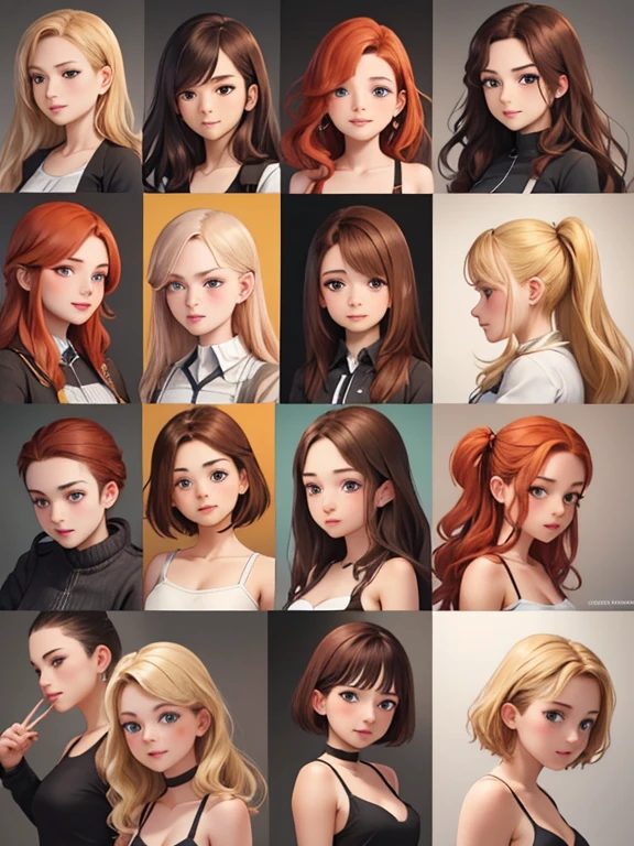 (Best quality, masterpiece), group photo of eight very different beautiful students, different emotions, Free postures, Different hair colors(among them there is always 1 redhead, 3 blondes, 2 brown-haired and 2 brunettes), different hairstyles, Different physiques, there is always one brunette Asian, stand in company, whole body