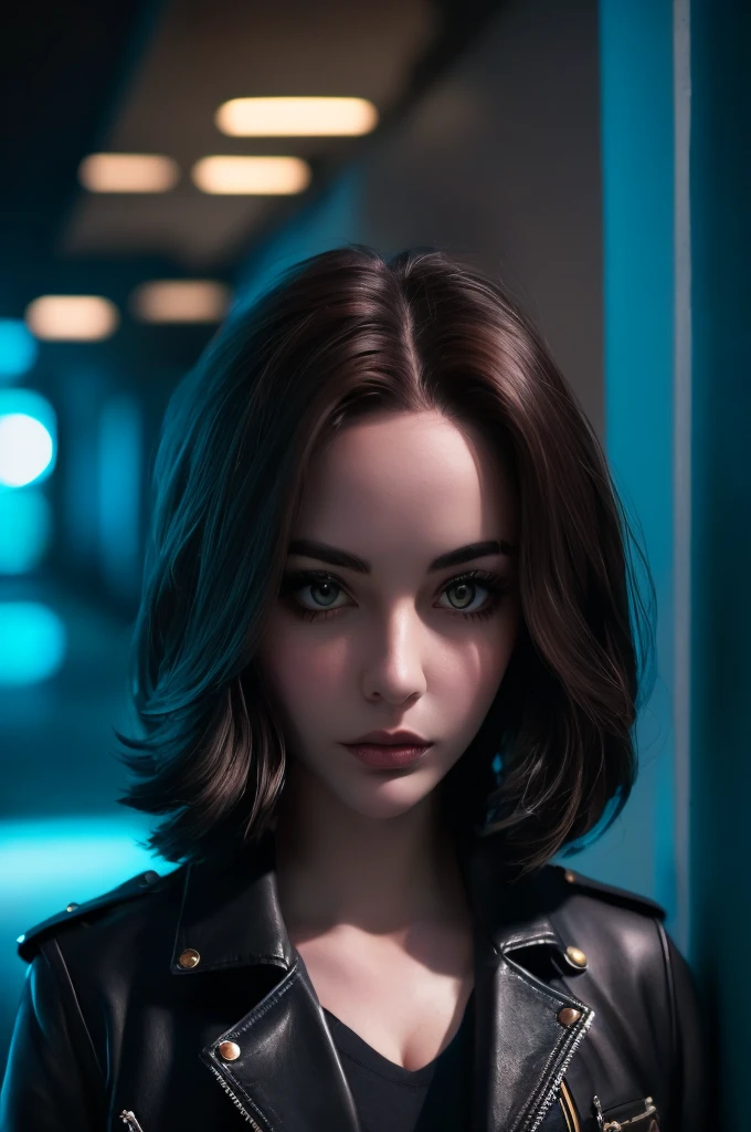 Portrait of natlp as a beautiful female model, georgia fowler, beautiful face, with short dark brown hair, in cyberpunk city at night. She is wearing a leather jacket, black jeans, dramatic lighting, (police badge:1.2)