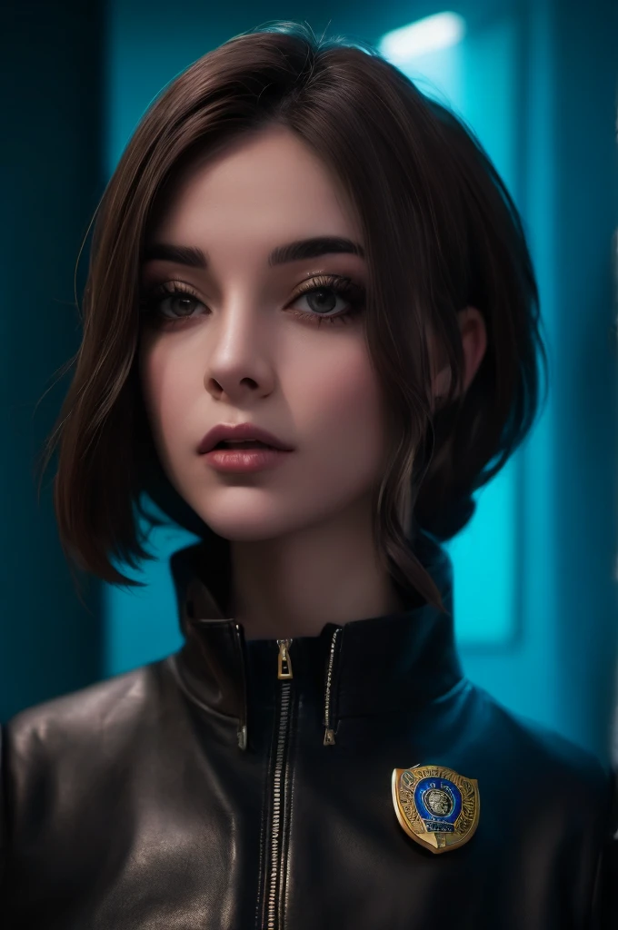 Portrait of natlp as a beautiful female model, georgia fowler, beautiful face, with short dark brown hair, in cyberpunk city at night. She is wearing a leather jacket, black jeans, dramatic lighting, (police badge:1.2)