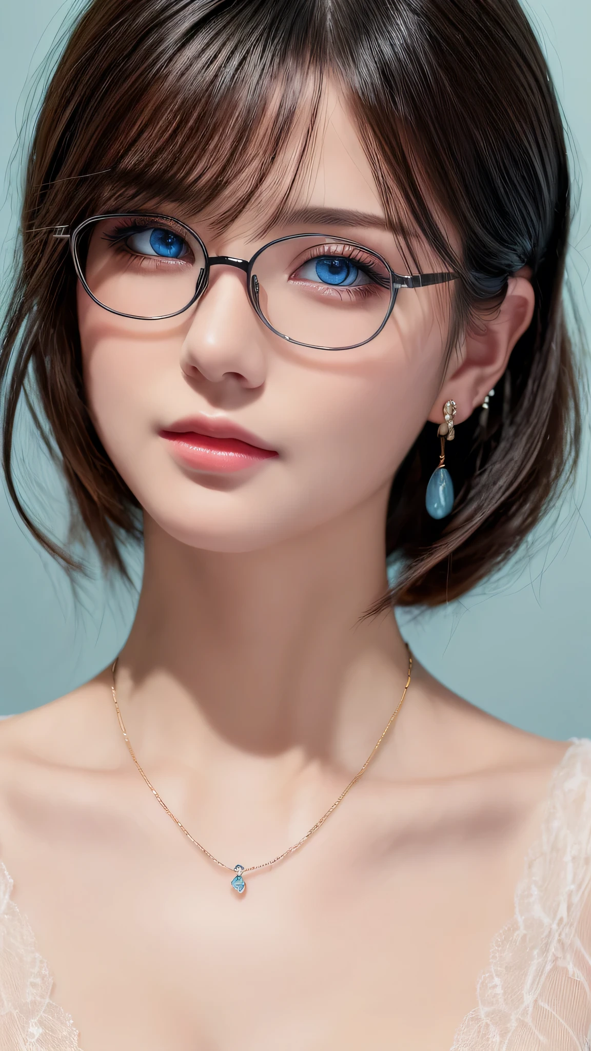 (masterpiece:1.3), (8k, photorealistic, RAW photo, best quality: 1.4), (1girl), beautiful face, (realistic face), (black hair, short hair:1.3), beautiful hairstyle, realistic eyes, beautiful detailed eyes, (realistic skin), beautiful skin, masterpiece, detailed face, detailed eyes, beautiful, highest quality, (((ルーシー・ピンダーに似たソロmature woman))), (aqua light blue eyes), (((wearing delicate big hoop round earring))), (wearing Collar pet necklace), eyelash, ( wearing a thin glasses), lip whole, blushing ???? face, [Janet], [Alice], "Beautiful adult face" , 30 years old , mature woman , adult,(office suit), absurdres, attractive, ultra high res, ultra realistic, highly detailed, golden ratio