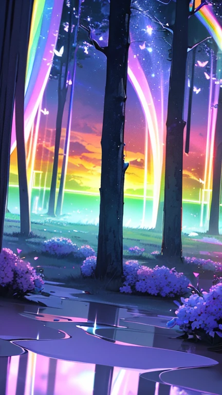Mysterious Forest, with shining flowers, Colorful neon butterflies, Crystal clear water, Beautiful tree々, (((personality view with extremely vivid multicolors without any people))), {High-definition 16K CG unit wallpaper}, Vast landscape photography, (Wide Open View), (Low angle shot), ( highlight: 1.4), (Low Light: 1.2), (Warm light source: 1.6), Intricate details, (Rainbow colors: 1.6), (Bright lighting), (Atmospheric lighting), dream-like, personality, unmanned, The reflection is perfect,(No humans),Landscape only,