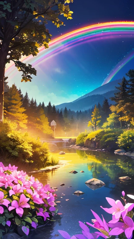 Mysterious Forest, with shining flowers, Colorful neon butterflies, Crystal clear water, Beautiful tree々, (((personality view with extremely vivid multicolors without any people))), {High-definition 16K CG unit wallpaper}, Vast landscape photography, (Wide Open View), (Low angle shot), ( highlight: 1.4), (Low Light: 1.2), (Warm light source: 1.6), Intricate details, (Rainbow colors: 1.6), (Bright lighting), (Atmospheric lighting), dream-like, personality, unmanned, The reflection is perfect,(No humans),Landscape only,