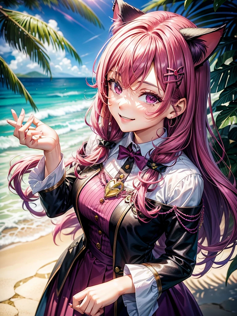 Magenta hair, hazel eyes, older woman, uniform clothes, hair jewel ornament, cat ears, long hair, smiling face, tropical background