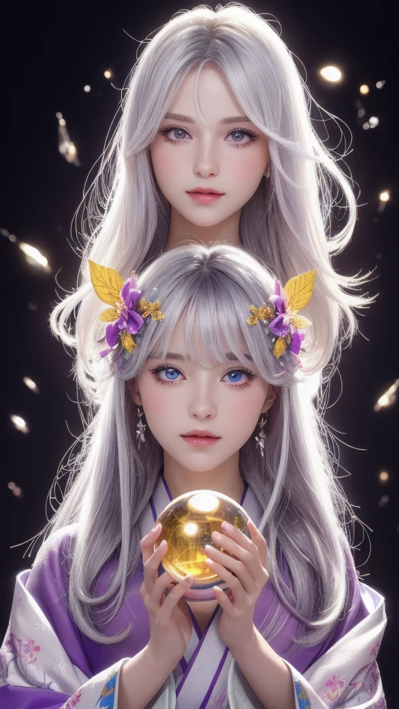 (Masterpiece: 1.3), (8k, photorealistic, raw photo, highest quality: 1.4), (single woman), beautiful face, (realistic face), (long hair), (silver hair, almost white hair, shiny hair, beautiful straight hair), (even bangs), (sharp bangs), straight hairstyle, realistic eyes, beautiful detailed eyes (purple eyes), (sharp eyes), (realistic skin), beautiful skin, (kimono), (magician's kimono), (flower hair ornament), attractive, ultra high resolution, ultra realistic, high definition, golden ratio, colorful background, (flowers blooming), (energy dancing background, flashy background, so many hearts background), magician, looking forward, looking straight ahead, looking forward, eyes meeting, looking straight ahead, looking at you, holding a crystal ball, (heart crystal ball, love crystal ball). Anatomically correct, highest quality, accurate, high resolution, looking forward,