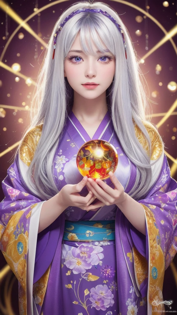 (Masterpiece: 1.3), (8k, photorealistic, raw photo, highest quality: 1.4), (single woman), beautiful face, (realistic face), (long hair), (silver hair, almost white hair, shiny hair, beautiful straight hair), (even bangs), (sharp bangs), straight hairstyle, realistic eyes, beautiful detailed eyes (purple eyes), (sharp eyes), (realistic skin), beautiful skin, (kimono), (magician's kimono), (flower hair ornament), attractive, ultra high resolution, ultra realistic, high definition, golden ratio, colorful background, (flowers blooming), (energy dancing background, flashy background, so many hearts background), magician, looking forward, looking straight ahead, looking forward, eyes meeting, looking straight ahead, looking at you, holding a crystal ball, (heart crystal ball, love crystal ball). Anatomically correct, highest quality, accurate, high resolution, looking forward,