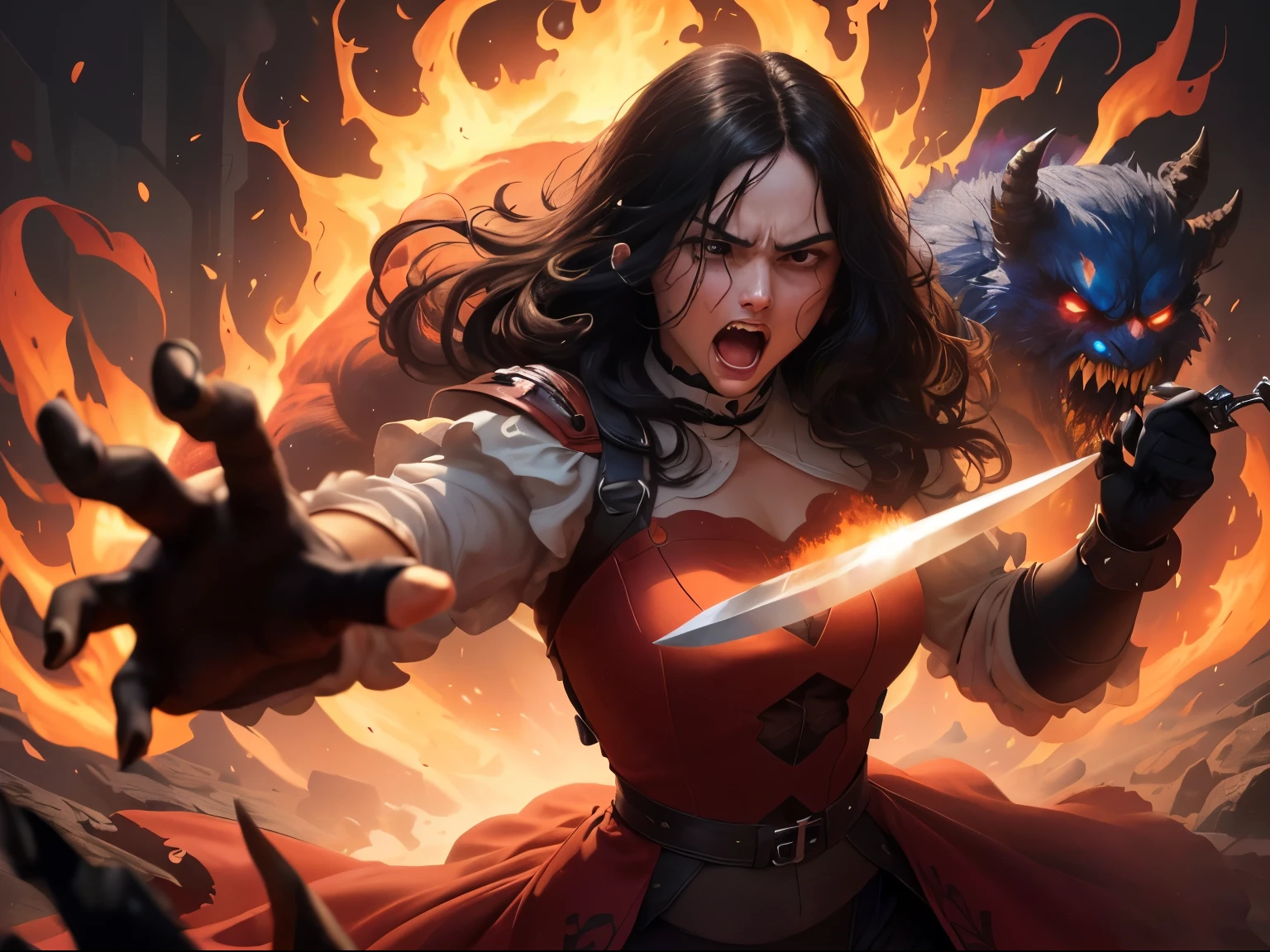 ((best quality)), ((masterpiece)), (detailed), A digital illustration of an injured long black haired woman attacking on a monster's hands with a magical knife with a furious expression on her face. She is wearing a peach-colored princess dress and the background is fiery lava