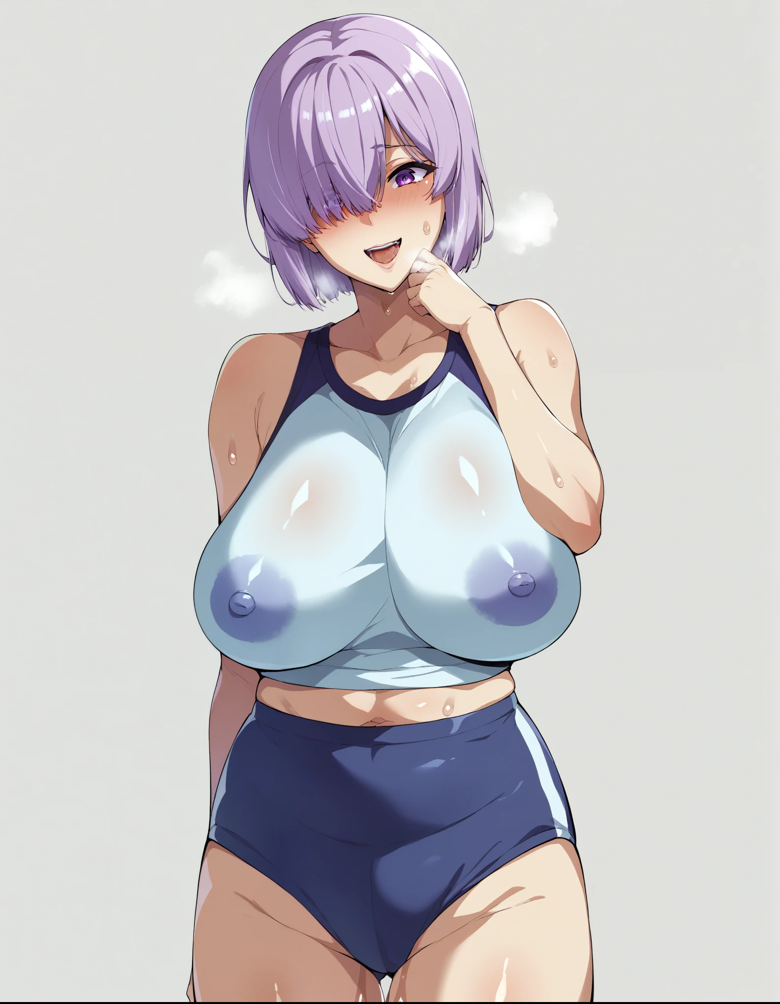 Ultra-detailed illustrations、Ultra-precise expression、masterpiece、Highest quality、ultra High resolution、High resolution、Hiromitsu Takeda Style、White background、Simple Background、One girl、solo、Mash Kyrielight、light purple hair,short hair,hair over one eyes、Gym suit、Bloomers、Purple eyes、Vulgar expression、smile、Open your mouth、blush、Large 、Big BreBreath、Sweat、Glowing Skin、shiny skin、Front angle、View your viewers、
