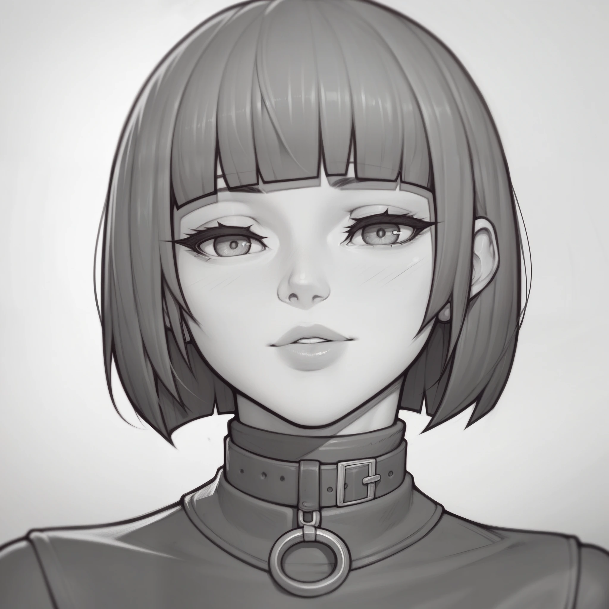 _asura style, greyscale, 1girl, monochrome, solo, bangs, looking_at_viewer, blunt_bangs, short_hair, upper_body, simple_background, high_collar, grey_background, bob_cut