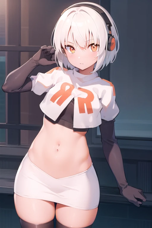 anbydemara, anby demara, (orange eyes:1.5), short hair, white hair,
BREAK, headphones, navel, stomach, team rocket,team rocket uniform,white skirt,red letter R,crop top,black thigh-highs,black elbow gloves,
BREAK looking at viewer, (cowboy shot:1.5),
BREAK (masterpiece:1.2), best quality, high resolution, unity 8k wallpaper, (illustration:0.8), (beautiful detailed eyes:1.6), extremely detailed face, perfect lighting, extremely detailed CG, (perfect hands, perfect ???????),