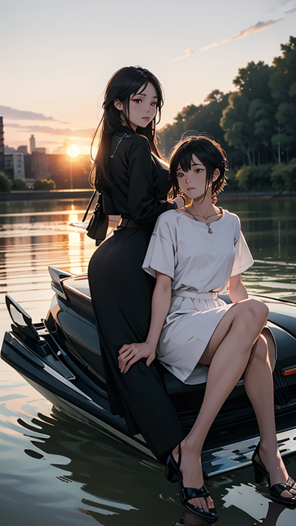 A couple is sitting on the river bank. A luxury car is parked nearby. The girl is wearing short clothes and has big hips. It is sunset.