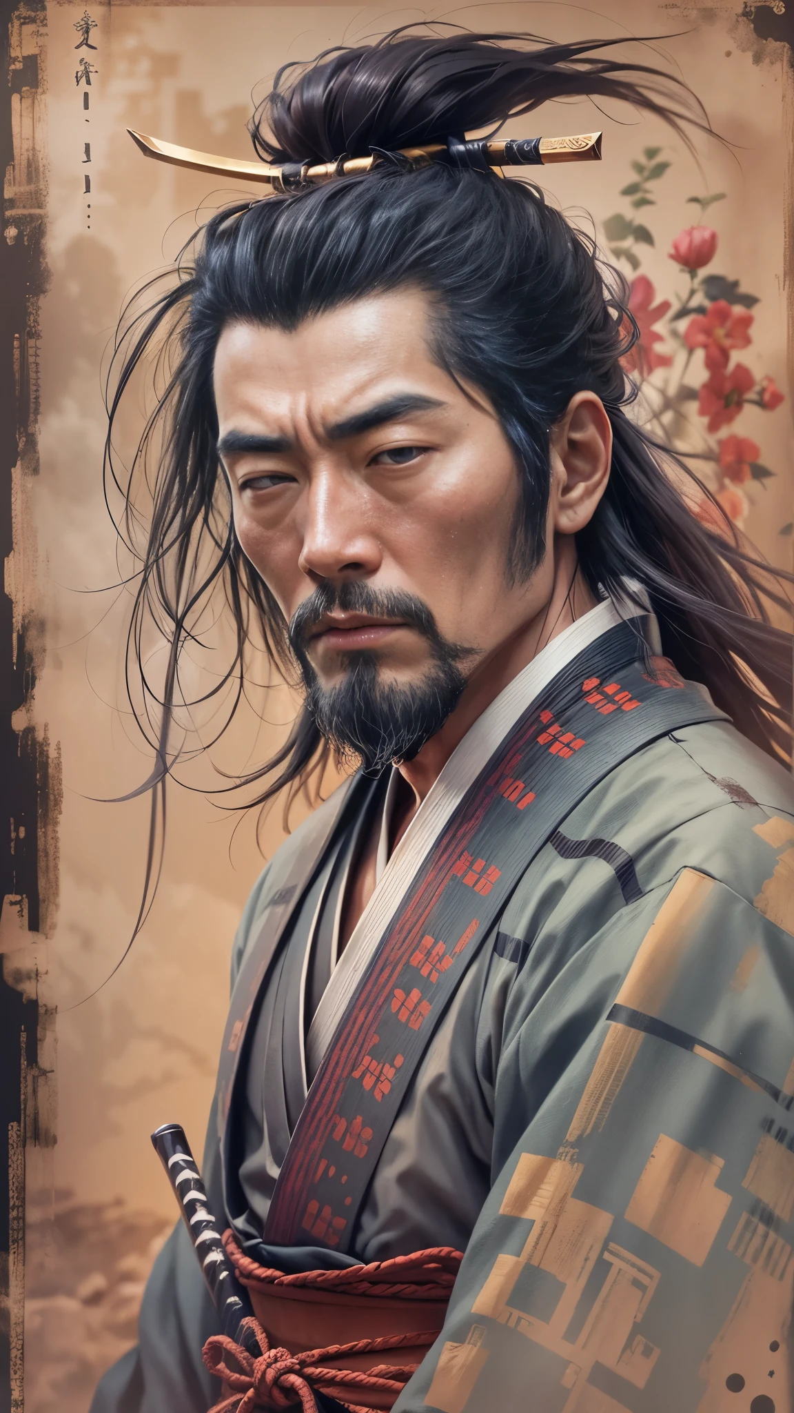 A virtuous Samurai, lost in time in a world of disorder; where principles, Values and good customs no longer exist and are no longer honors. sad and , Living According to His Moral Code, He continues his walk with his shoulders girded in deep spiritual depression