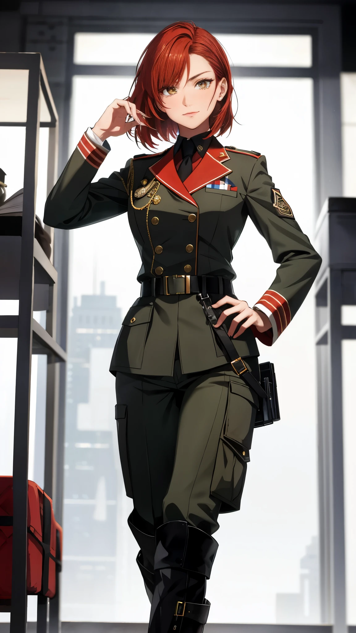 (NSFW, Highest Resolution, Clear Image) This masterpiece captures the attention to detail of a semi-realistic depiction of Dishonor 2's main character, a very beautiful woman, standing alone in a normal handsome posture. Her short, fiery red hair contrasts starkly against the cool backdrop of a military school, where she is dressed in a tall and strong white and red uniform, complete with military pants and boots. Her uniform is crisp and well-fitted, showcasing her tall and athletic build.
Her golden eyes betray an indifferent look, but her posture speaks volumes of her confidence and self-assuredness. She stands with a severe