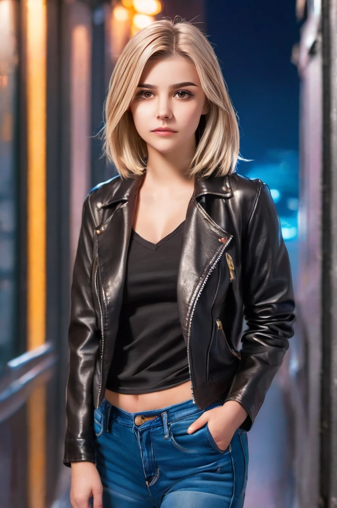 Portrait of natlp as a beautiful female model, georgia fowler, beautiful face, with short dark brown hair, in cyberpunk city at night. She is wearing a leather jacket, black jeans, dramatic lighting, (police badge:1.2)