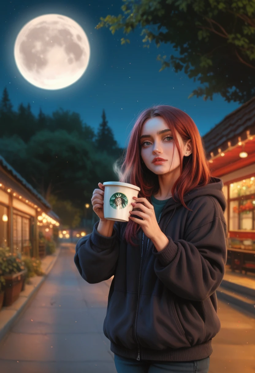 This girl looking outside at the moon. Holding a cup of coffee. High-quality hdr Pixar picture. Seed=3074730942