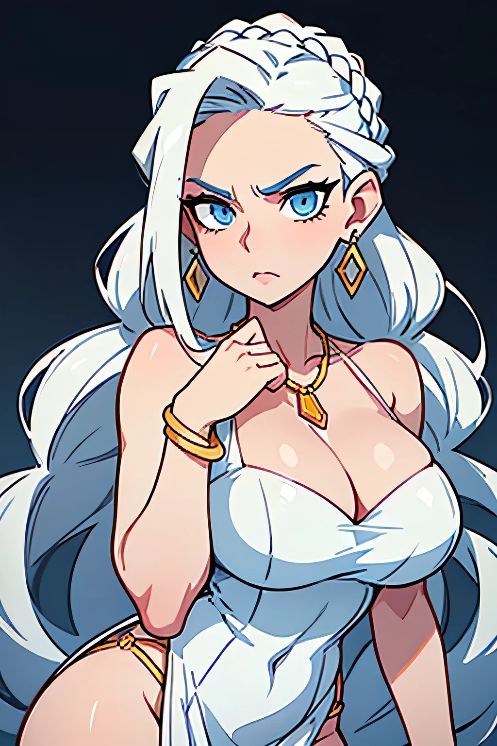 Amazing portrait of a tall and sexy woman with an intimidating yet calm look with her white hair beautifully tied in elegant braids and pale white skin that matches with her hair and bright blue eyes and perfect pink lips wearing some gold earrings necklace and bracelets and a long blue deep neck dress with minimal white embroidery that showcases her cleavage and gaps on the sides that emphasise her curvy hips