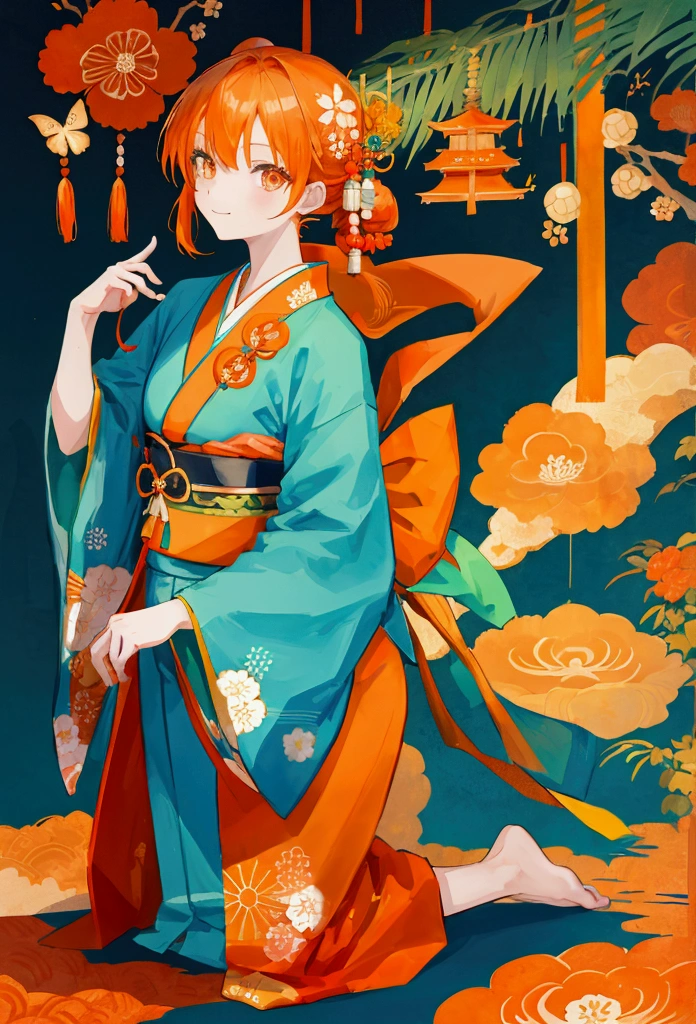 1 Orange hair girl wearing a turquoise kimono in a japanese festival, happy, orange eyes, fullbody image