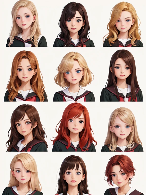 (Best quality, masterpiece), group photo of eight very different beautiful students, different emotions, Free postures, Different hair colors(among them there is always 1 redhead, 3 blondes, 2 brown-haired and 2 brunettes), different hairstyles, Different physiques, there is always one brunette Asian, graduation photo album