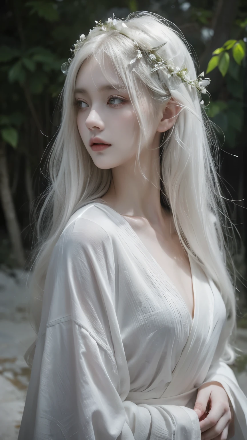 Create a serene and ethereal portrait of a woman with long, flowing white hair adorned with delicate flowers. Her eyes are covered with a white cloth, giving her an enigmatic and mystical aura. She has soft, porcelain-like skin and light, natural makeup with slightly rosy lips. She is wearing an elegant, traditional white robe with intricate floral details. The background is softly blurred, emphasizing her calm and otherworldly presence.