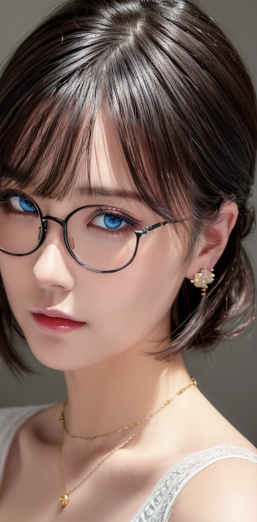 (masterpiece:1.3), (8k, photorealistic, RAW photo, best quality: 1.4), (1girl), beautiful face, (realistic face), (black hair, short hair:1.3), beautiful hairstyle, realistic eyes, beautiful detailed eyes, (realistic skin), beautiful skin, masterpiece, detailed face, detailed eyes, beautiful, highest quality, (((ルーシー・ピンダーに似たソロmature woman))), (ight blue eyes, (((wearing delicate big hoop round earring))), (wearing Collar pet necklace), eyelash, ( wearing a thin glasses), lip whole, blushing lewd face, [Janet], [Alice], "Beautiful adult face" , 30 years old , mature woman , adult,(office suit), absurdres, attractive, ultra high res, ultra realistic, highly detailed, golden ratio