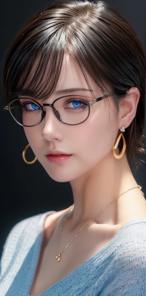 (masterpiece:1.3), (8k, photorealistic, RAW photo, best quality: 1.4), (1girl), beautiful face, (realistic face), (black hair, short hair:1.3), beautiful hairstyle, realistic eyes, beautiful detailed eyes, (realistic skin), beautiful skin, masterpiece, detailed face, detailed eyes, beautiful, highest quality, (((ルーシー・ピンダーに似たソロmature woman))), (ight blue eyes, (((wearing delicate big hoop round earring))), (wearing Collar pet necklace), eyelash, ( wearing a thin glasses), lip whole, blushing lewd face, [Janet], [Alice], "Beautiful adult face" , 30 years old , mature woman , adult,(office suit), absurdres, attractive, ultra high res, ultra realistic, highly detailed, golden ratio