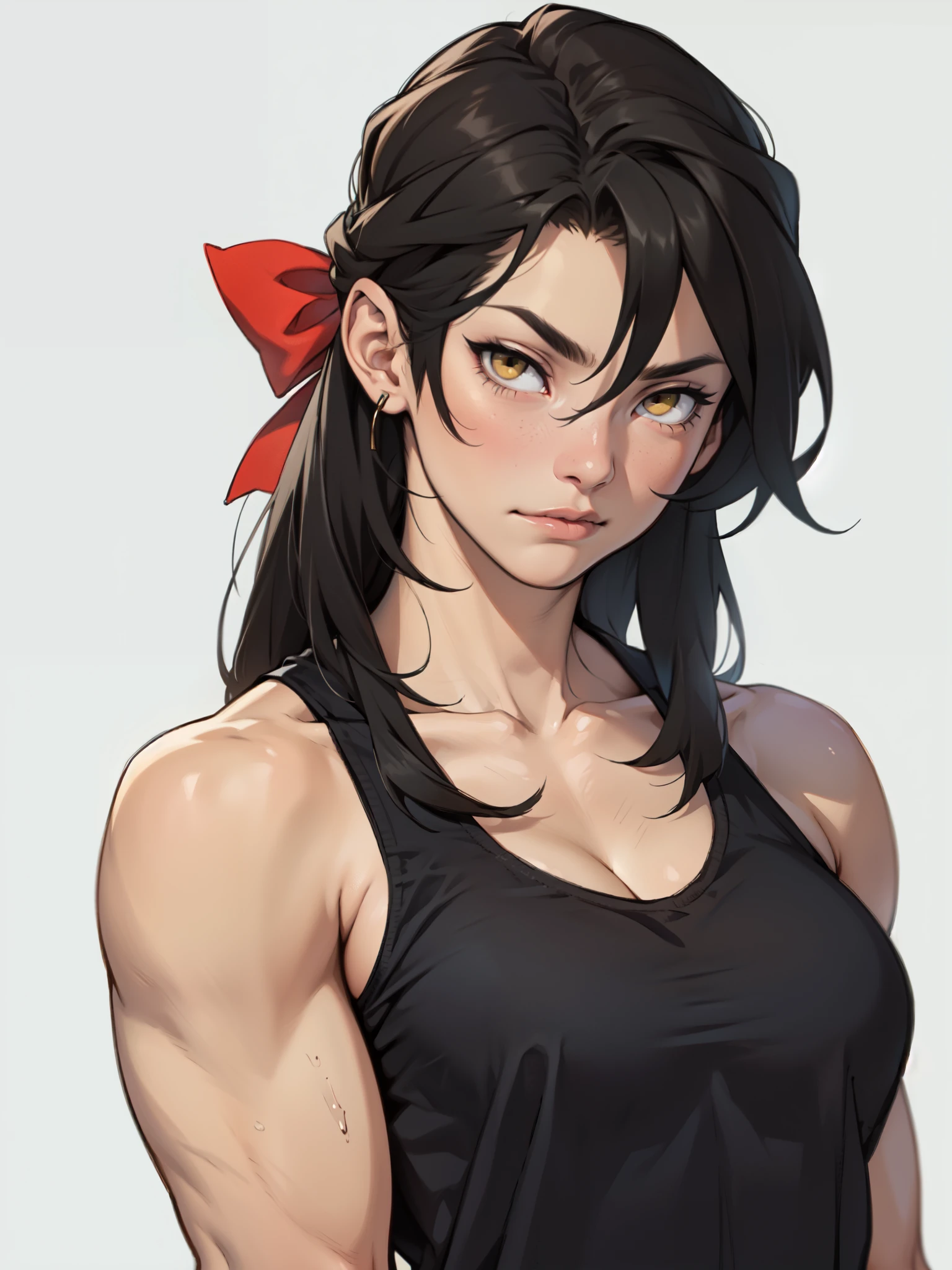 empty eyes embarrassed girl black hair yellow eyes pale skin muscular girl