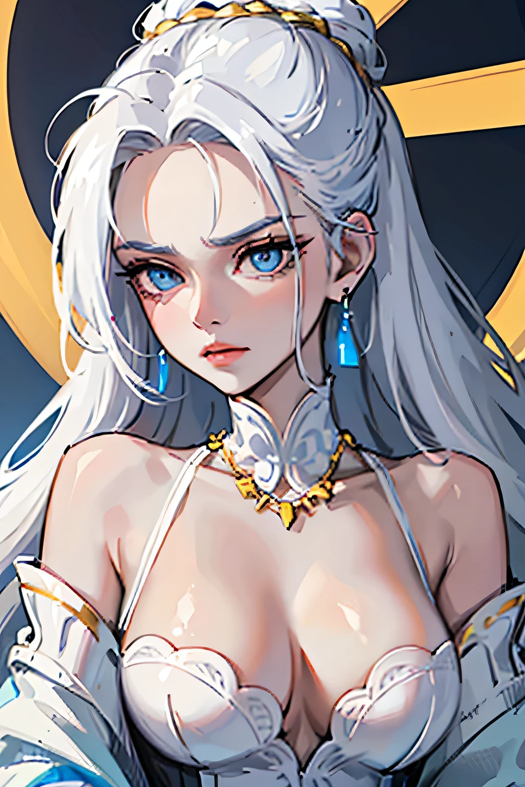 Amazing portrait of a tall and sexy woman with an intimidating yet calm look with her white hair beautifully tied in elegant braids and pale white skin that matches with her hair and bright blue eyes and perfect pink lips wearing some gold earrings necklace and bracelets and a long blue deep neck dress with minimal white embroidery that showcases her cleavage and gaps on the sides that emphasise her curvy hips