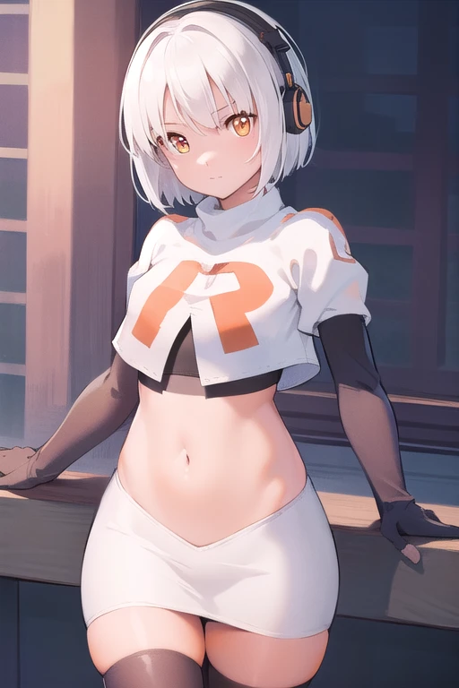 anbydemara, anby demara, (orange eyes:1.5), short hair, white hair,
BREAK, headphones, navel, stomach, team rocket,team rocket uniform,white skirt,red letter R,crop top,black thigh-highs,black elbow gloves,
BREAK looking at viewer, (cowboy shot:1.5),
BREAK (masterpiece:1.2), best quality, high resolution, unity 8k wallpaper, (illustration:0.8), (beautiful detailed eyes:1.6), extremely detailed face, perfect lighting, extremely detailed CG, (perfect hands, perfect anatomy),