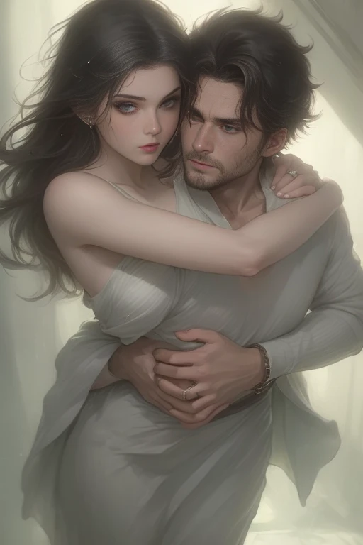 High-quality images of couples: blond man (Tall、Statue-like、Handsome and、Brave young man、Blue eyes、Curly golden hair、Wearing a grey antique military uniform) A woman with black hair (long straight black hair、Long Bangs、Tears streaming down my face、Blackberry eyes、A beautiful young femme fatale、naked、PRİNCESS、Hugging。They are in love with each other。Created by Boris Vallejo「Ideal Anatomy」The sketch of、It is characterized by being very detailed.。masterpiece、Detailed study of the face、Beautiful Face、Features of Beautiful Face、Perfect Image、Realistic shots、Detailed study of the face、Full body image、8k、Detailed Images、Highly detailed illustration、A true masterpiece of the highest quality、Careful drawing。Bare Skin、Gown and naked watercolor、
Watercolor Gothic、Romance Black Panties、
Large drops of sweat、Dripping Sweat、A look of ecstasy as she spreads her legs wide、Intense love, intense pose、Many men