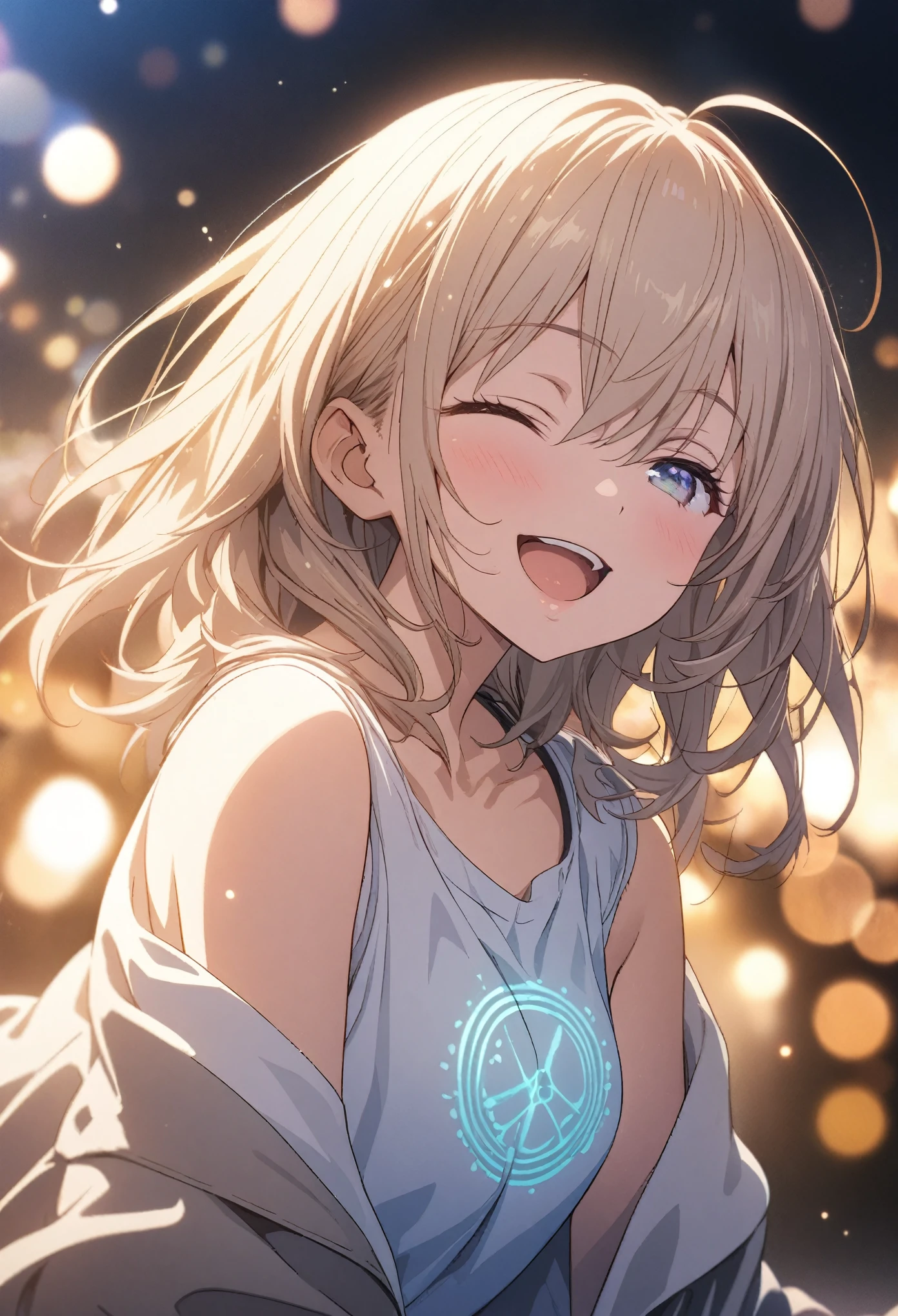 2 Girls, masterpiece, Highest quality, Highly detailed CG Unity 8K wallpapers, High School Girl Anime Illustration. Wear an oversized tank top, Wear oversized pants、Please wear bootaking a peace signポーズ, She has her eyes closed and her mouth wide open, smile. Bokeh, (Soft Focus):1.2, Out of focus highlights, Dreamy atmosphere, Glowing circle, Fascinating Depth, The background is a realistic landscape