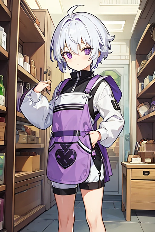 Little man, short white hair with a purple fringe, robotic left hand, Leather apron, shorts negros, herrero