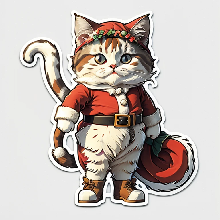 Cute cartoon sticker of a cat dressed as Santa Claus costume, cute, kawaii, white background