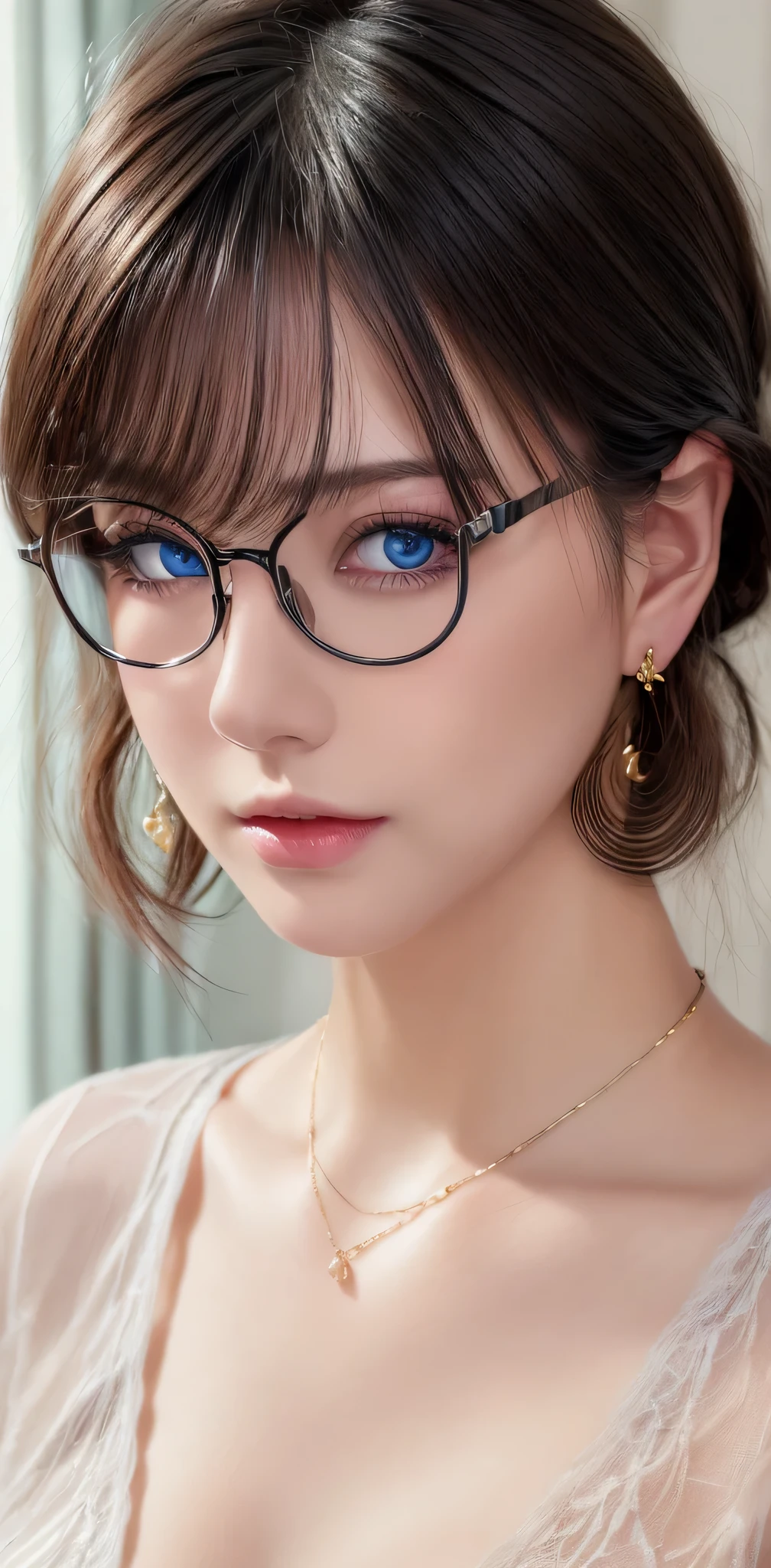 (masterpiece:1.3), (8k, photorealistic, RAW photo, best quality: 1.4), (1girl), beautiful face, (realistic face), (black hair, short hair:1.3), beautiful hairstyle, realistic eyes, beautiful detailed eyes, (realistic skin), beautiful skin, masterpiece, detailed face, detailed eyes, beautiful, highest quality, (((ルーシー・ピンダーに似たソロmature woman))), (ight blue eyes, (((wearing delicate big hoop round earring))), (wearing Collar pet necklace), eyelash, ( wearing a thin glasses), lip whole, blushing lewd face, [Janet], [Alice], "Beautiful adult face" , 30 years old , mature woman , adult,(office suit), absurdres, attractive, ultra high res, ultra realistic, highly detailed, golden ratio