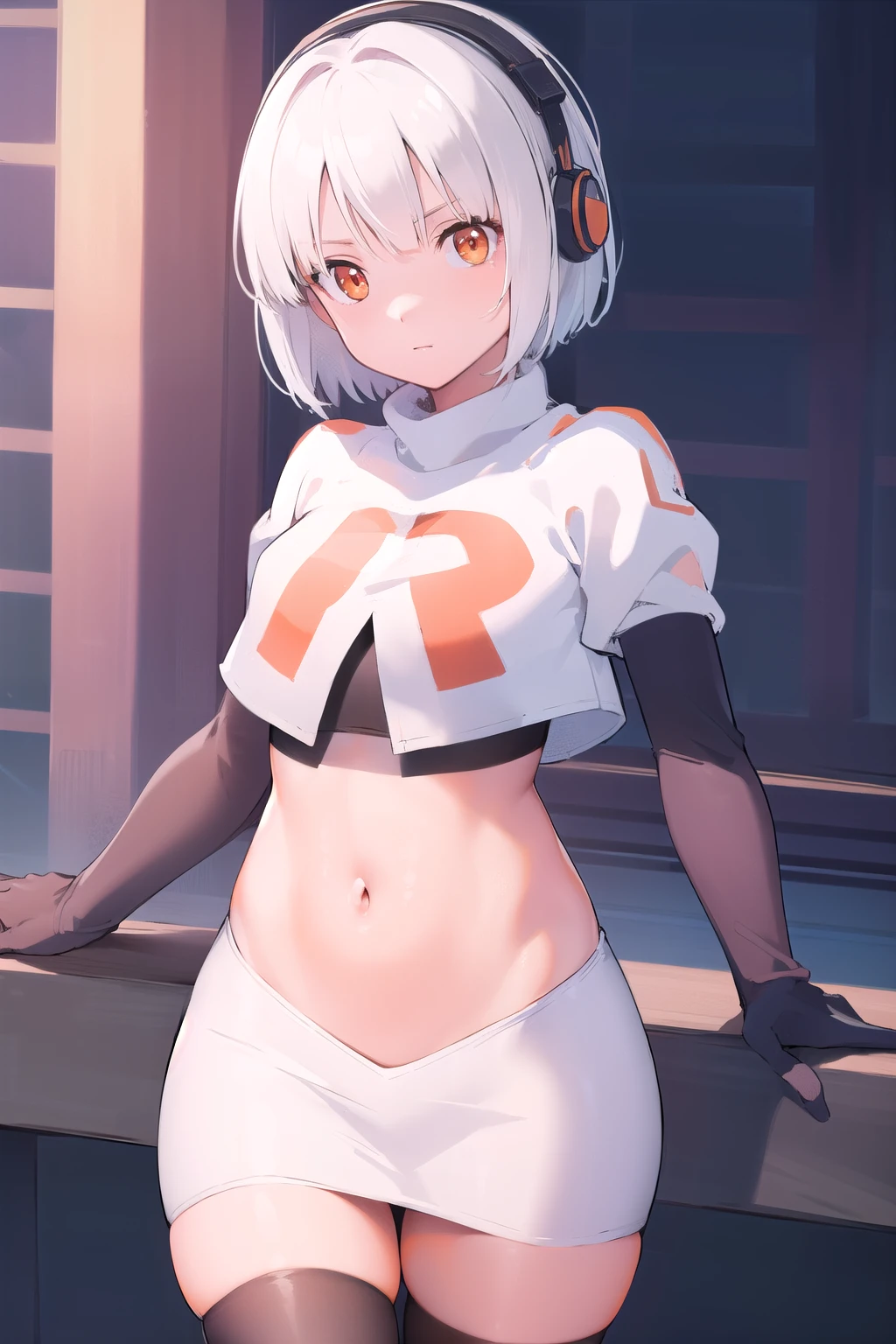 anbydemara, anby demara, (orange eyes:1.5), short hair, white hair,
BREAK, headphones, navel, stomach, team rocket,team rocket uniform,white skirt,red letter R,crop top,black thigh-highs,black elbow gloves,
BREAK looking at viewer, (cowboy shot:1.5),
BREAK (masterpiece:1.2), best quality, high resolution, unity 8k wallpaper, (illustration:0.8), (beautiful detailed eyes:1.6), extremely detailed face, perfect lighting, extremely detailed CG, (perfect hands, perfect anatomy),