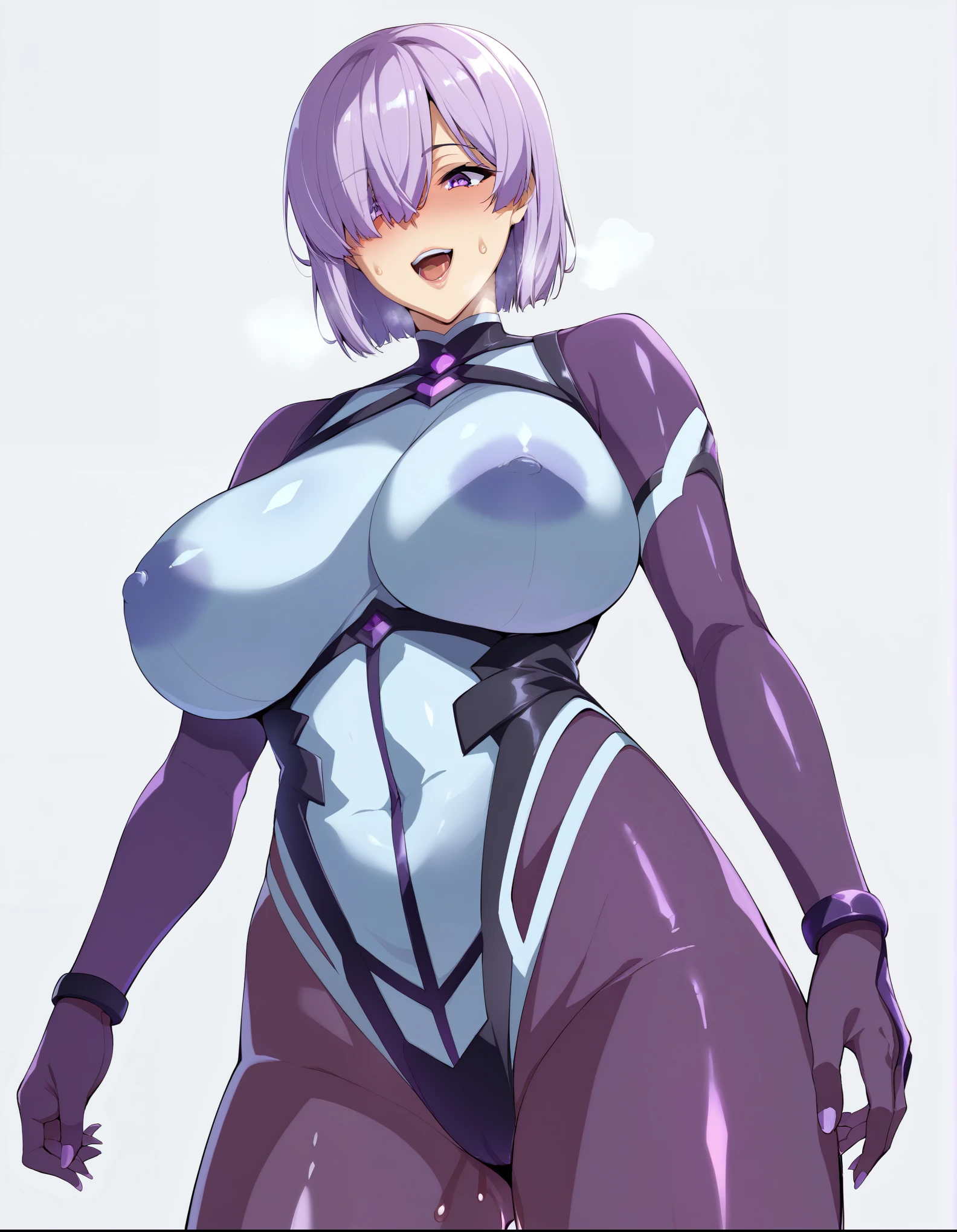 Ultra-detailed illustrations、Ultra-precise expression、masterpiece、Highest quality、ultra High resolution、High resolution、Hiromitsu Takeda Style、White background、Simple Background、One girl、solo、Mash Kyrielight、light purple hair,short hair,hair over one eyes、Rider Suit、Purple eyes、Vulgar expression、smile、Open your mouth、blush、Large Breasts、Big Breasts、White Breath、Sweat、Glowing Skin、shiny skin、Front angle、View your viewers、