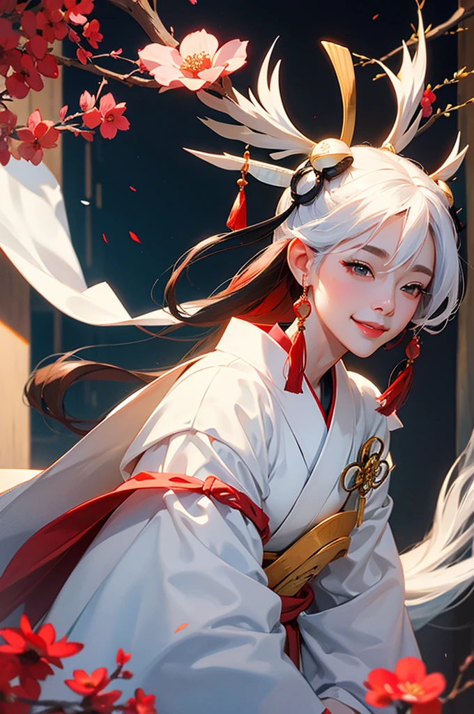 A beautiful woman in a white kimono, smiling fearlessly as a Japanese onmyoji holds a talisman