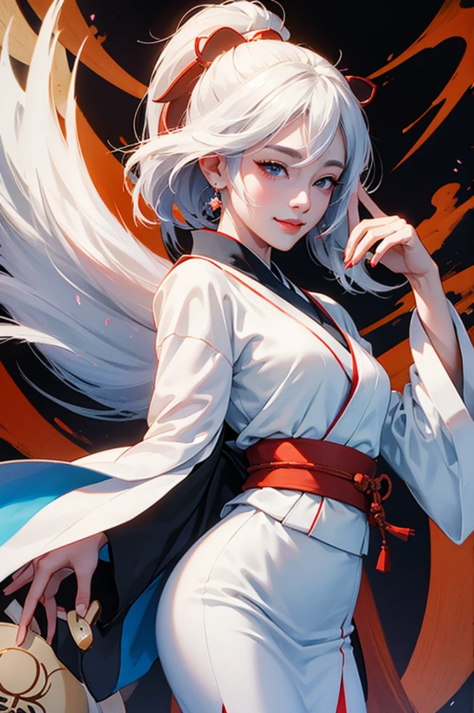 A beautiful woman in a white kimono, smiling fearlessly as a Japanese onmyoji holds a talisman