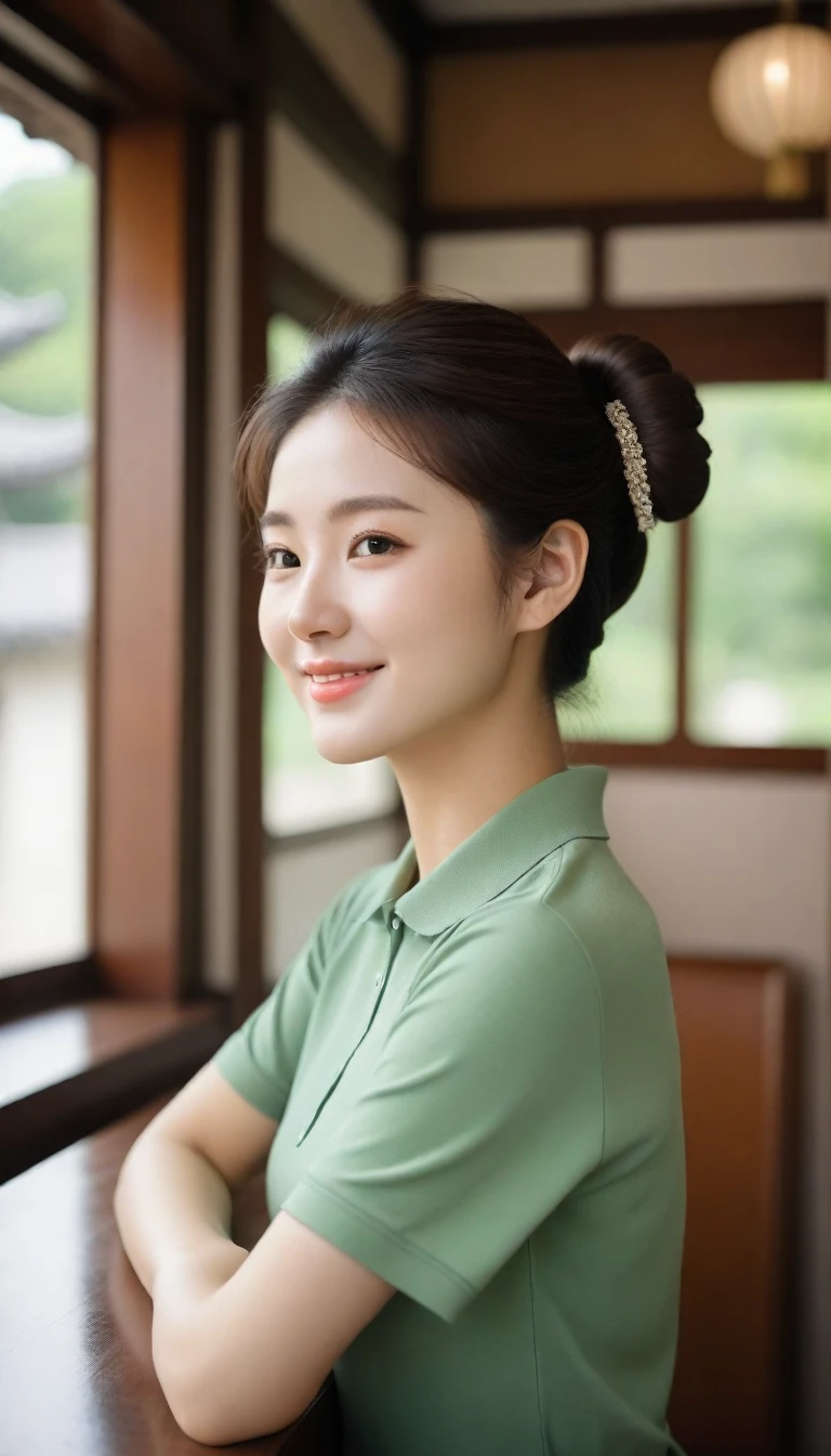 close up, Side view of beautiful Korean woman, 34 inches chest, Hair Bun, Wear a well-fitting polo shirt, Smile, Support your chin with one hand, In a tea house, Scenery background, Polaroid photos, Ultra HD