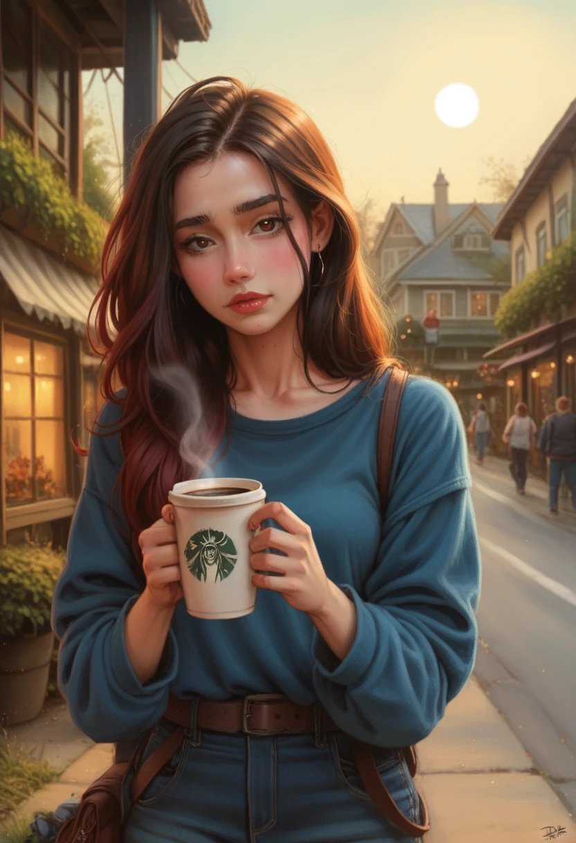 This girl looking outside at the moon. Holding a cup of coffee. High-quality hdr Pixar picture. Seed=3074730942. Create the image using the seed provided. 
