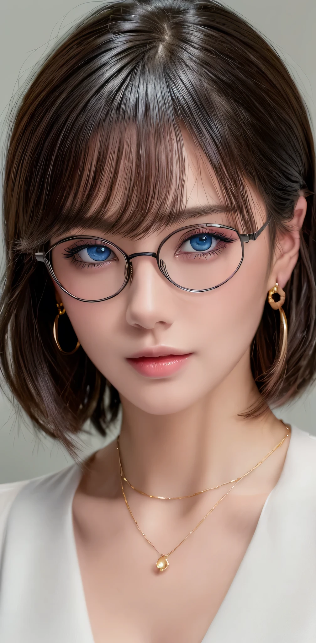 (masterpiece:1.3), (8k, photorealistic, RAW photo, best quality: 1.4), (1girl), beautiful face, (realistic face), (black hair, short hair:1.3), beautiful hairstyle, realistic eyes, beautiful detailed eyes, (realistic skin), beautiful skin, masterpiece, detailed face, detailed eyes, beautiful, highest quality, (((ルーシー・ピンダーに似たソロmature woman))), (ight blue eyes, (((wearing delicate big hoop round earring))), (wearing Collar pet necklace), eyelash, ( wearing a thin glasses), lip whole, blushing lewd face, [Janet], [Alice], "Beautiful adult face" , 30 years old , mature woman , adult,(office suit), absurdres, attractive, ultra high res, ultra realistic, highly detailed, golden ratio