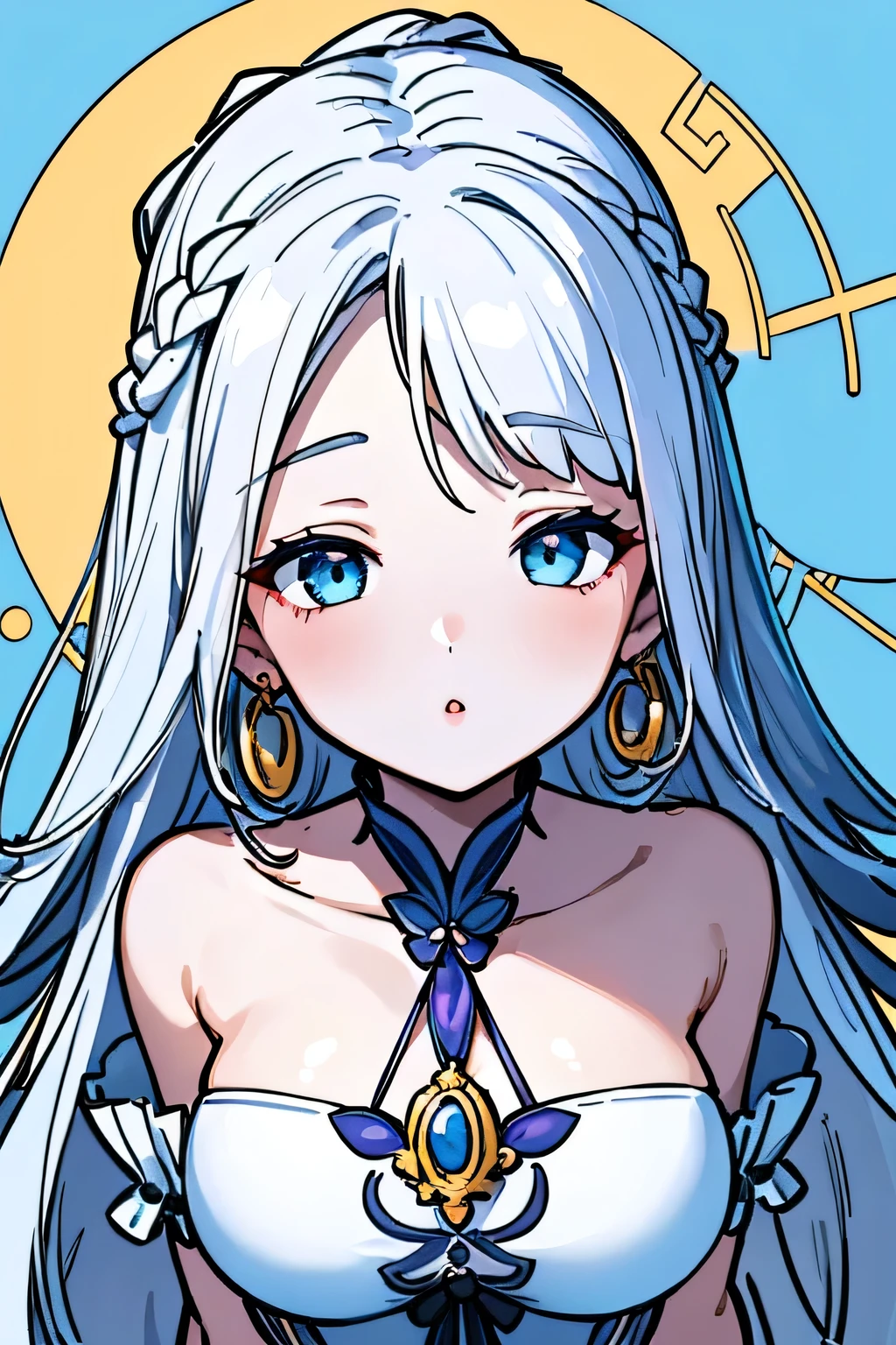 Amazing portrait of a tall and sexy woman with a calm and gentle look with her white hair beautifully tied in elegant braids and pale white skin that matches with her hair and bright blue eyes and perfect pink lips wearing some gold earrings necklace and bracelets and a long blue deep neck dress with minimal white embroidery that showcases her cleavage and gaps on the sides that emphasise her curvy hips