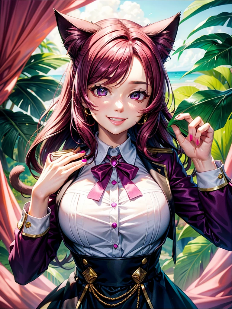 Magenta hair, hazel eyes, older woman, uniform clothes, hair jewel ornament, cat ears, long hair, smiling face,  tropical  background 