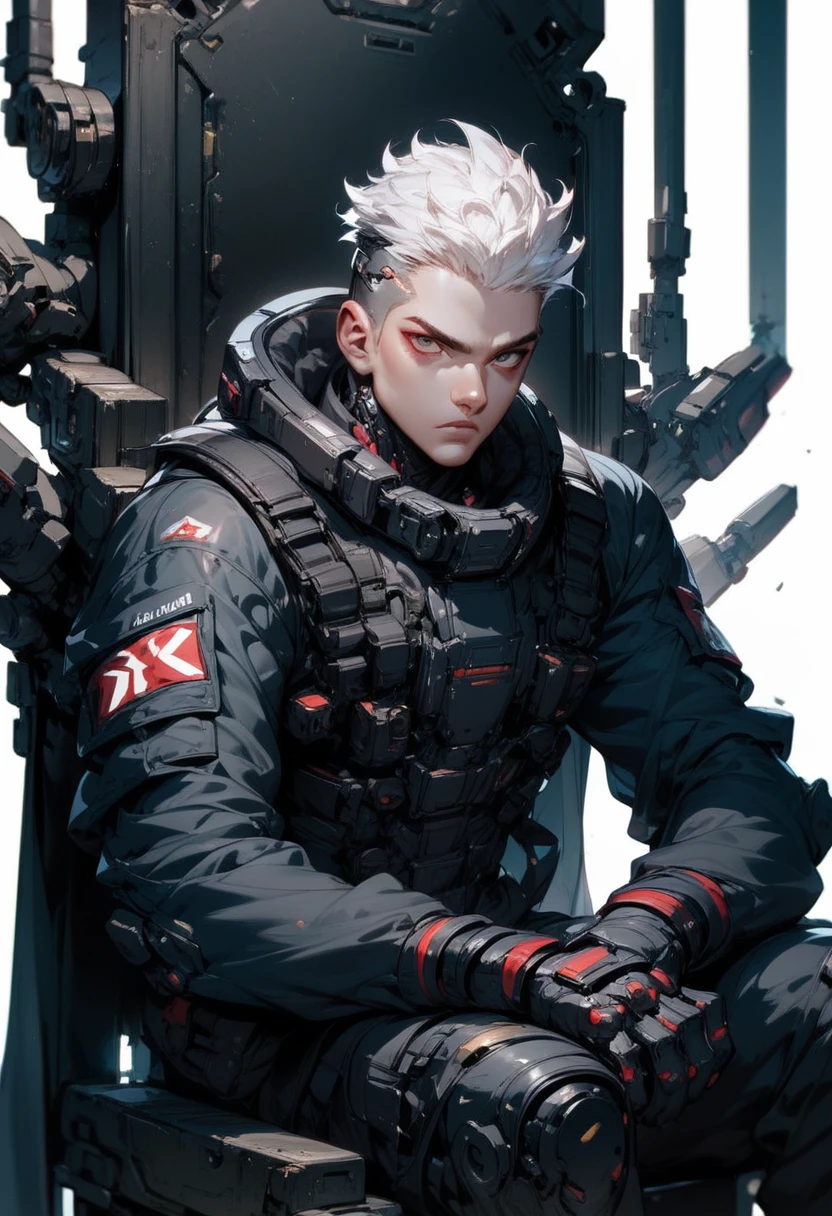 (score_9, score_8_up, score_7_up), zPDXL, 1 boy, alone, three-quarter profile, sitting on a simple throne, black iron throne, black combat suit, left eye with a black stripe from forehead to cheekbone, background, sitting with the cloths on the rests, eyes darkened by the shadow of his eyebrows, white hair, hair with spiked hairstyle, cyberpunk, serious and thoughtful face, intimidating, simple background, black suit covers his entire body, white background with cables falling down, adult male, looking at the ground, dark aura,