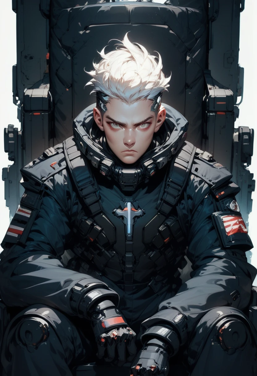 (score_9, score_8_up, score_7_up), zPDXL, 1 boy, alone, three-quarter profile, sitting on a simple throne, black iron throne, black combat suit, left eye with a black stripe from forehead to cheekbone, background, sitting with the cloths on the rests, eyes darkened by the shadow of his eyebrows, white hair, hair with spiked hairstyle, cyberpunk, serious and thoughtful face, intimidating, simple background, black suit covers his entire body, white background with cables falling down, adult male, looking at the ground, dark aura,